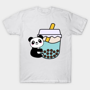 Baby Panda Hugs Bubble Tea Kawaii Blue Boba Tea T-Shirt